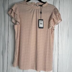 New Adrianna Papell Pink Black Dot Print Mock Neck Ruffle Blouse Casual Small